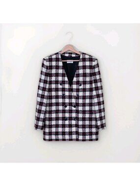 Vtg 80s Planet Plaid Blaizer US 8 Wool Blend Lined DB Colarless England Academia